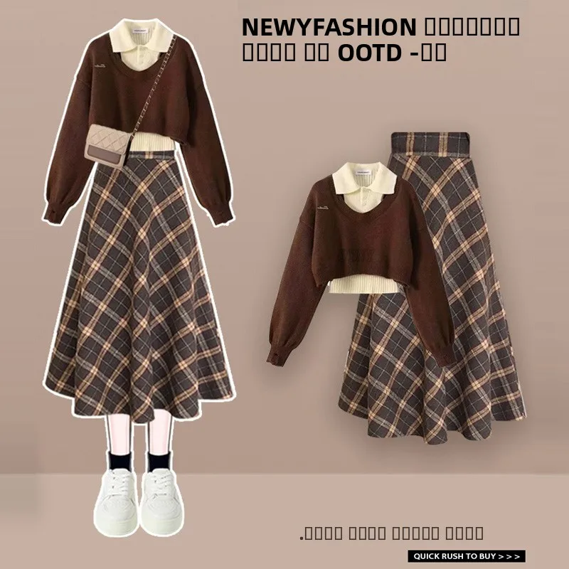 

Faionable Autumnal Dopane женский ансамбль, элитный дизайн, трикотажная юбка в клетку, комплект из футболки с воротником