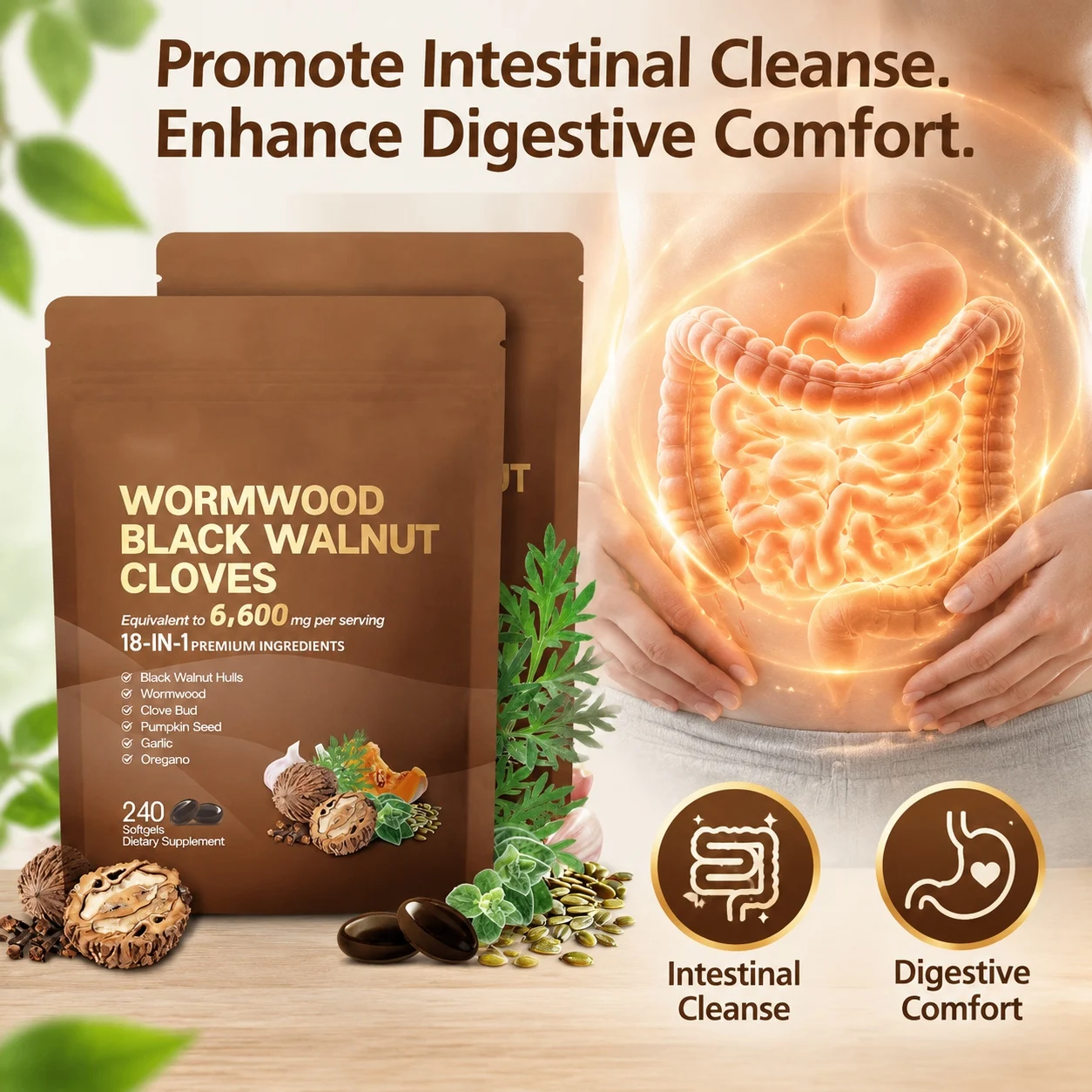 Wormwood Black Walnut Cloves Softgels Promote Intestinal Cleanse Enhance Digestive Comfort for Unhealthy Dietary Habits 240 Pcs