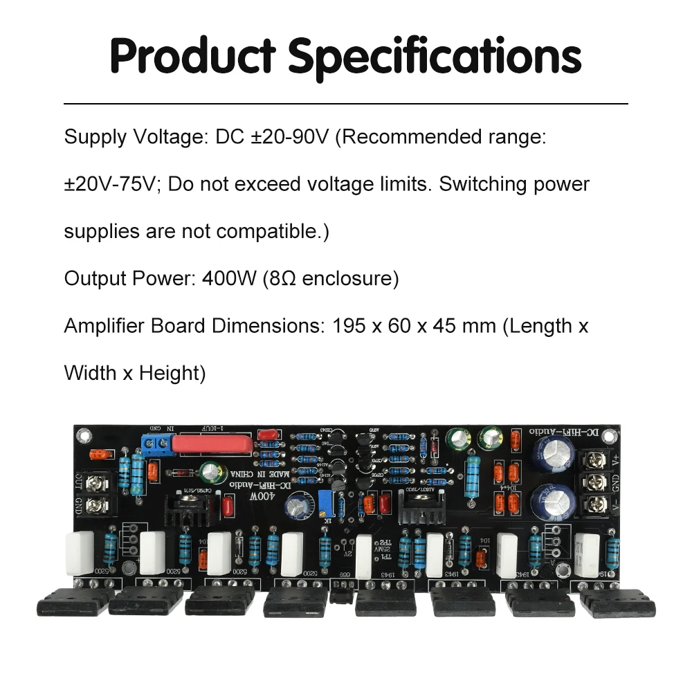 DC 20V-90V 500W 400W 300W 200W 100W Upgraded Single Channel Power Amplifier 1943+5200 High Power Audio Amplifier