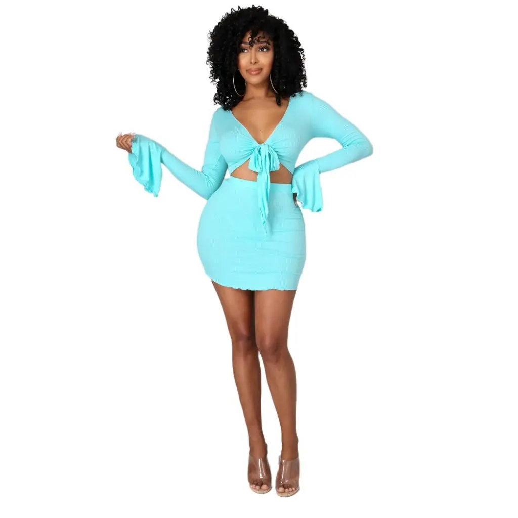 

Fashionable Two-Piece Set for Women European And American Style Solid Color Horn Sleeve Short Skirt And Top Ensemble