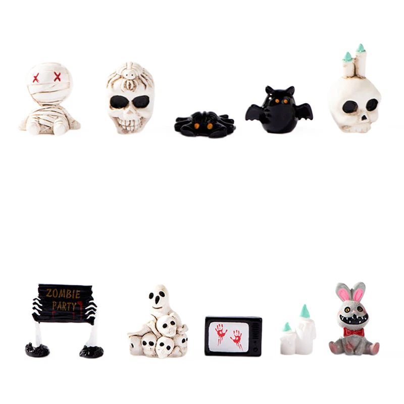 Halloween Resin Ghost Skull Tombstone Miniature Figurines Dollhouse Accessories Home Table Flower Pot Decor