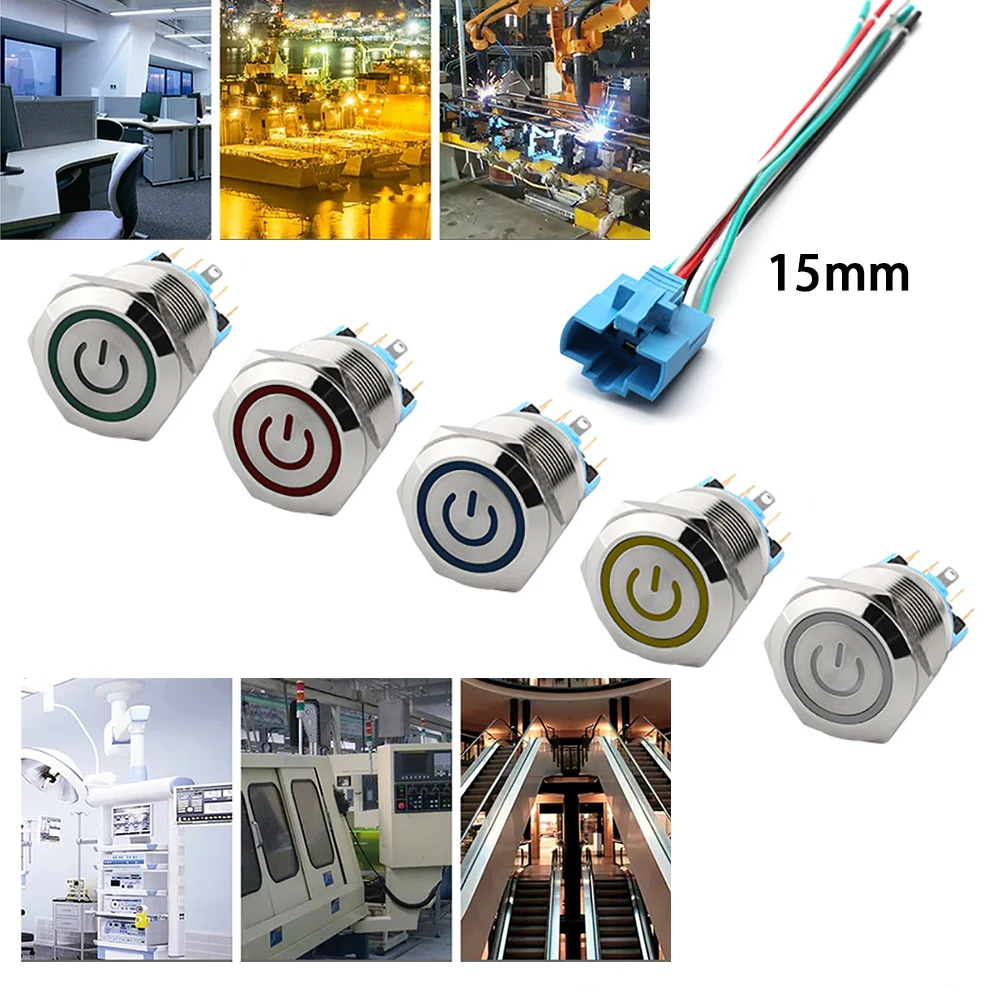 

22 25mm With Wire Waterproof Metal Push Button Switch LED Ring/Power Light Momentary Latching 12-220V 1NO1NC
