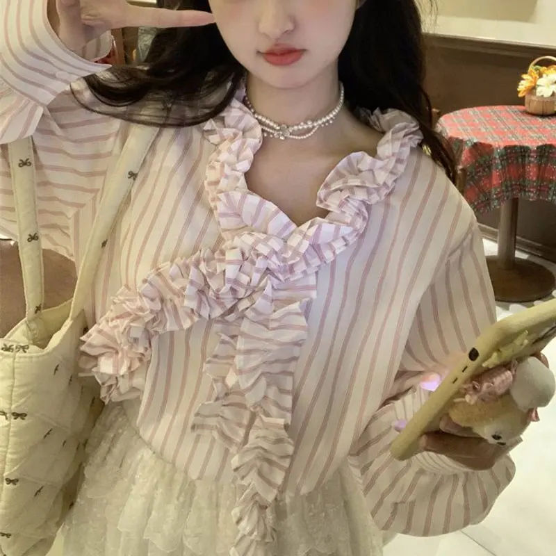 Female Clothing Pink Striped Shirts Casual V-Neck Spring Autumn Fashion Folds Patchwork Sweet Loose Korean Long Sleeve Blouse