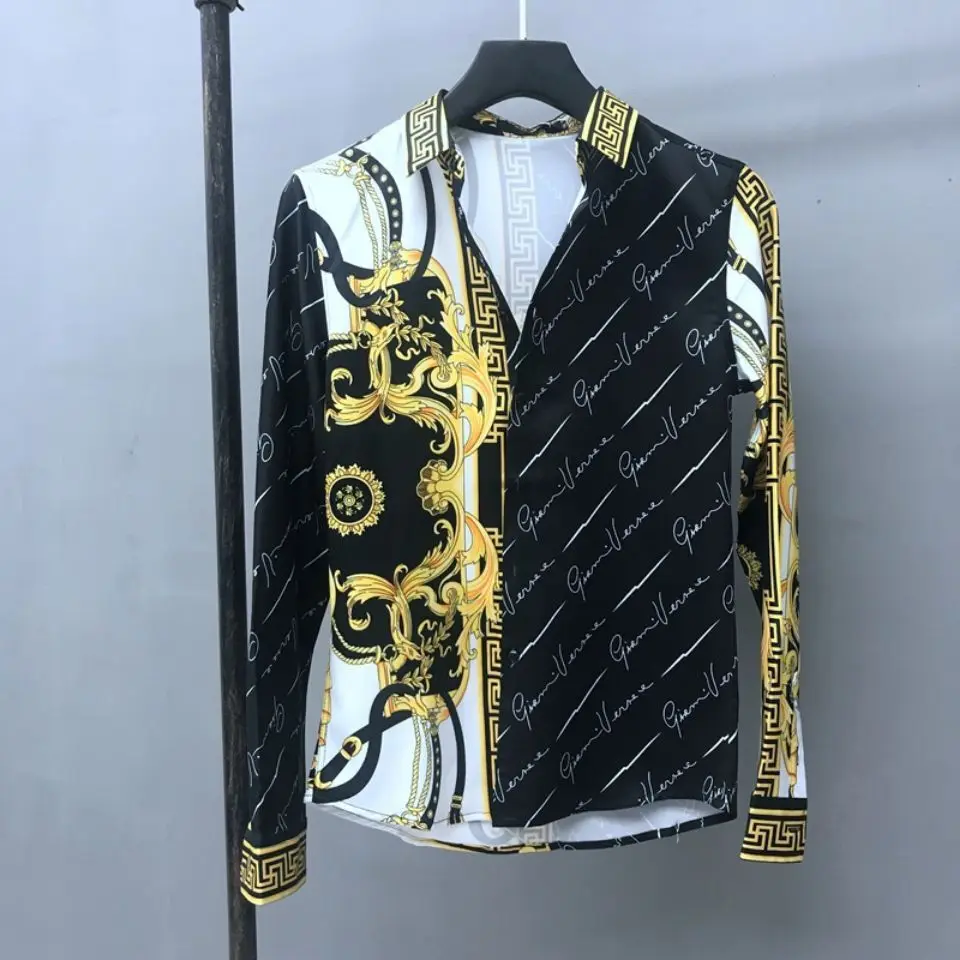 European Men's Spring And Autumn Long Sleeved Shirt, European And American Royal Court Style Retro Fashion Casual Print Lining