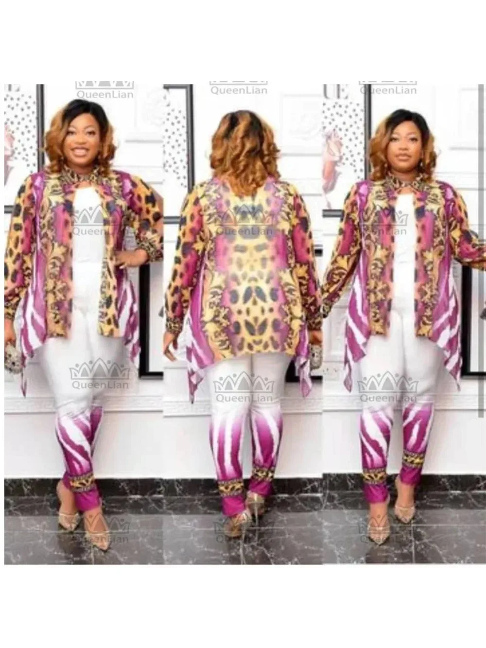 Dashiki African 3-Piece Chiffon Top and Vest Pants New Fashion Suit Super  for Lady