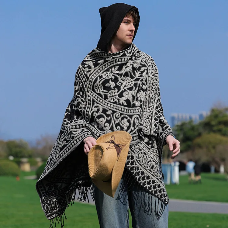 2025 New Men's Imitation Wool Cape Shawl Cross-border Hot Selling Hooded Woven Slit Cape Autumn and Winter Poncho Cloak
