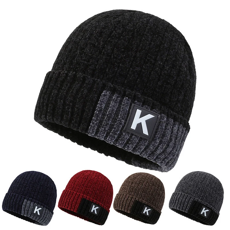 

Winter Men Beanies Velvet Lining Warm Male Knitted Hat Fashion Stripe Crochet Bonnet Thick Plush Outdoor Ski Skullies Cap Gorras