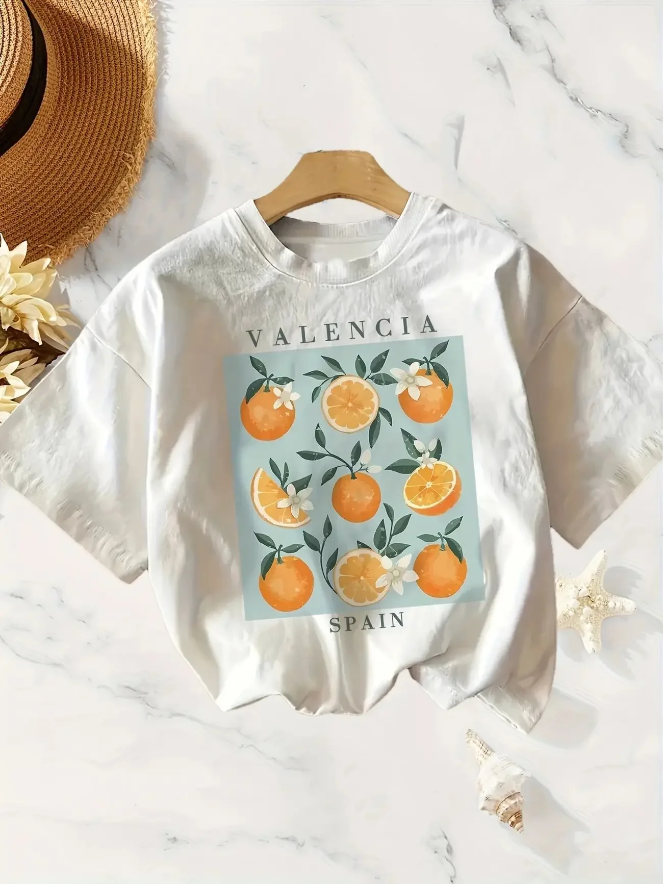 Camiseta con estampado naranja de manga corta y cuello redondo para mujer, ropa de verano a la moda, camiseta gráfica de Valencia España, ropa de manga corta para mujer
