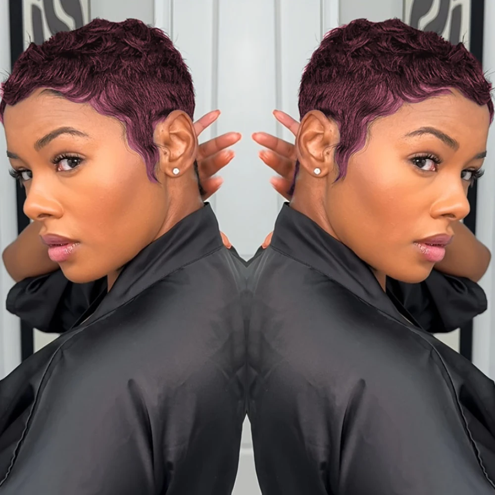 Pixie Cut Curly Wave Human Hair Wig for Women Full Machine Made Wig for Daily Wear and Party 150% Density 4Inch