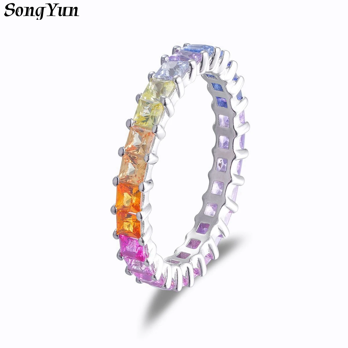 SONGYUN Lab Grown Gemstones Jewelry Full‑Circle Gradient Princess Cut 2.5mm Lab‑Grown Sapphire Ring S925 Silver 18K Gold Plated