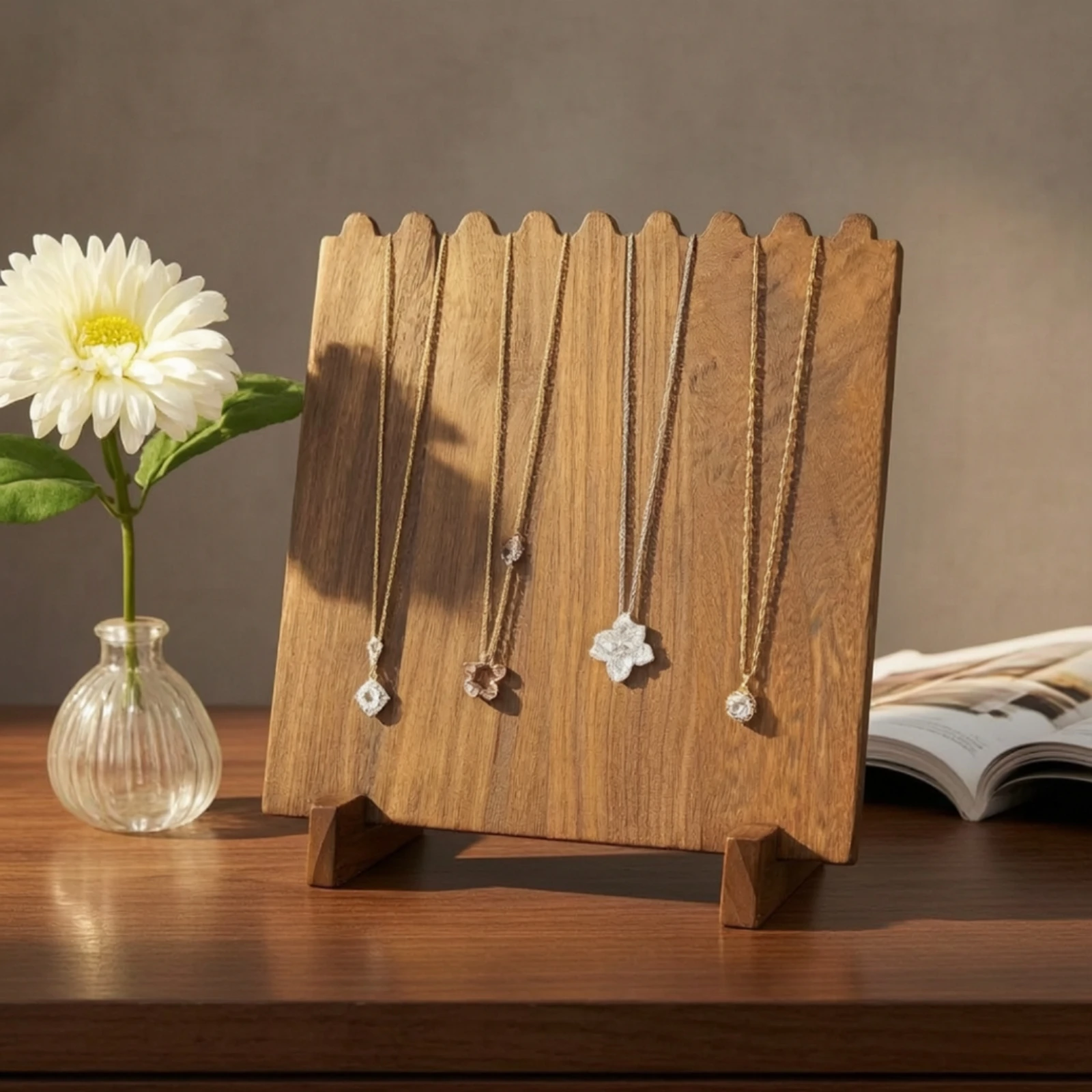 Wooden Necklace Display Rack Space-Saving Countertop Necklace Organizer with Slots Single-Tier Jewelry Display Board