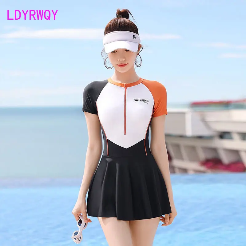 2023 New Summer One Piece Swimwear Women's Sports Skirt Type Covering Belly Conservative Bikini