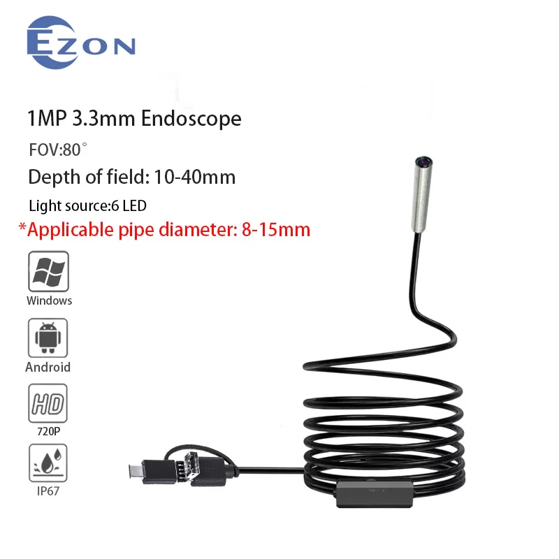 3,3 mm 80 °   Caméra endoscopique industrielle HD, interface 3 en 1, adaptée à l'inspection industrielle d'endoscopes étanches IP67.