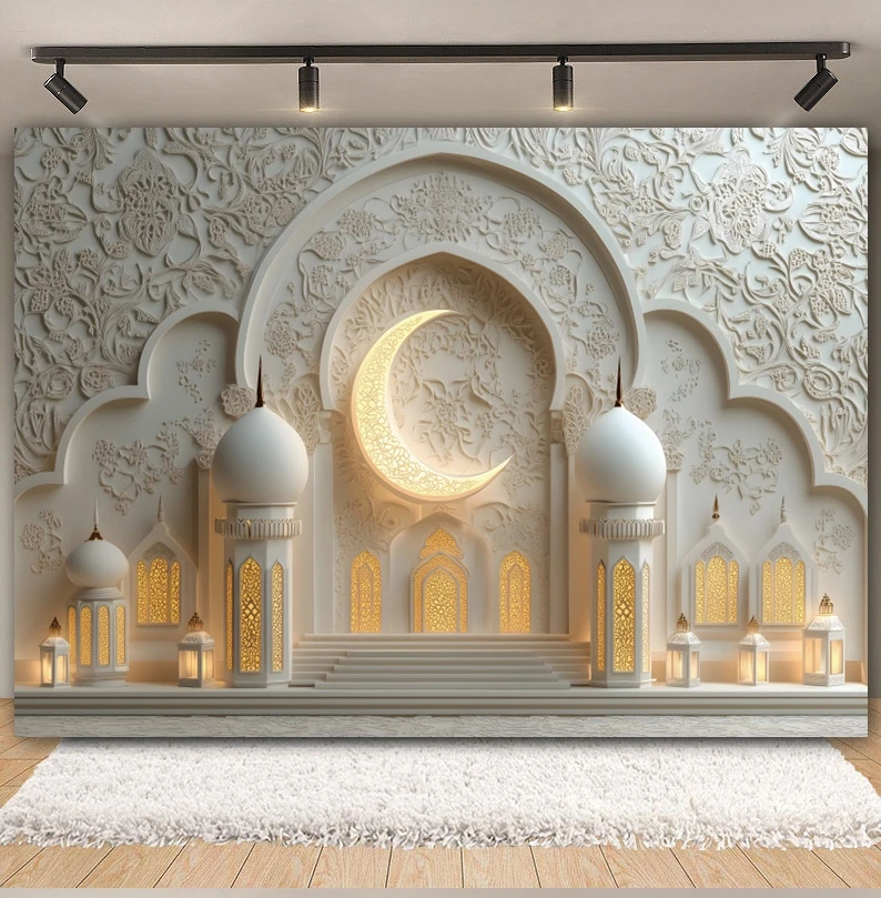 Islamic Ramadan Eid Al-Fitr Photography Backdrop Moroccan Gold Moon Mosque Muslim Kareem Al Fitr Festival Party Photo Background