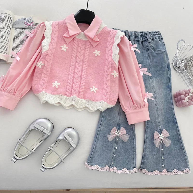 

Girls Autumn Knitted Vest Set2025New Style Fashionable Vest and Flared Jeans Two-Piece Set for Girls