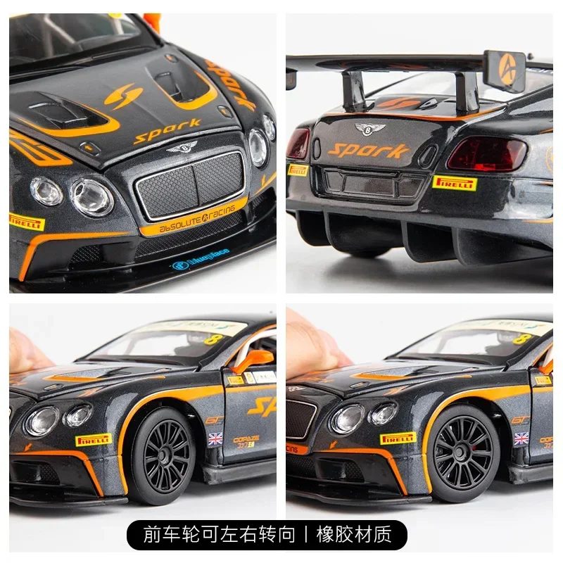 Modelo de carro de liga para Bentley Continental GT3, 1:24, dietas e veículos de brinquedo, som e luz, brinquedos puxados, presentes