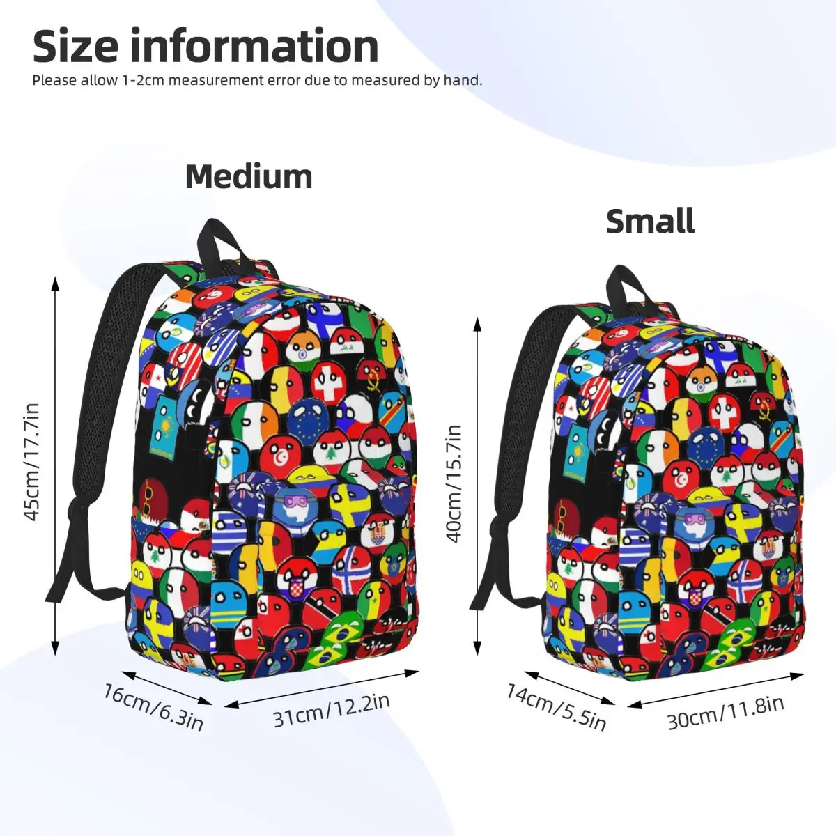 Countryball Cartoon Backpack Elementary High College School Student Countries Earth Cute Bookbag Teens Daypack Gift