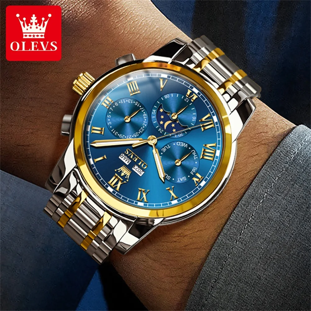 OLEVS Moon Phase Automatic Watch for Men Multifunctional Luxury Brand Business Watch Classic Roman Dial Men\'s Mechanical Watch