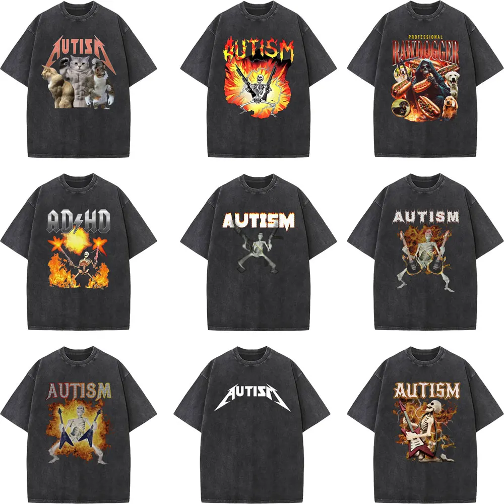 Autism Funny Skeleton Meme Vintage Washed T-shirt Men Women Casual Humor Crewneck T Shirt Men's Gothic Rock Oversized T-shirts