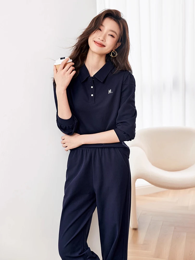 Two-Piece Sportswear Suit for Women Loose Pullover Tops Polo Collar Wide-Leg Pants Casual Tracksuit Autumn New 2023