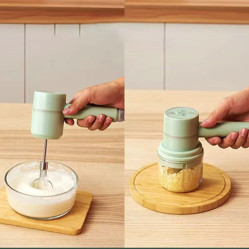 Bezprzewodowy elektryczny rozdrabniacz czosnku Masher trzepaczka do jajek 3-kontrola prędkości z 2 mieszadłami kuchnia ręczny spieniacz USB 2 w 1