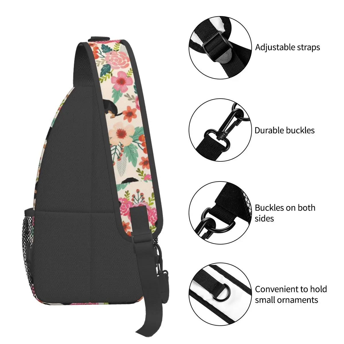 Floral Dachshund Dog Sling Bag, Mochila de ombro crossbody peito, Mochilas esportivas ao ar livre, Animal Cartoon Satchel Fashion