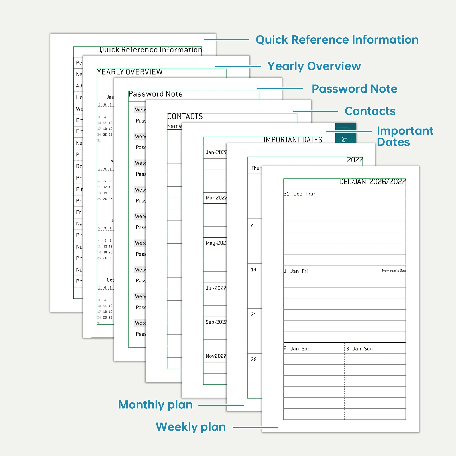 A5/A6  2027 English 6-Hole 72 Sheets Spiral-Bound Weekly Monthly Plan Replacement Core with 12-Month Dividers Notebook