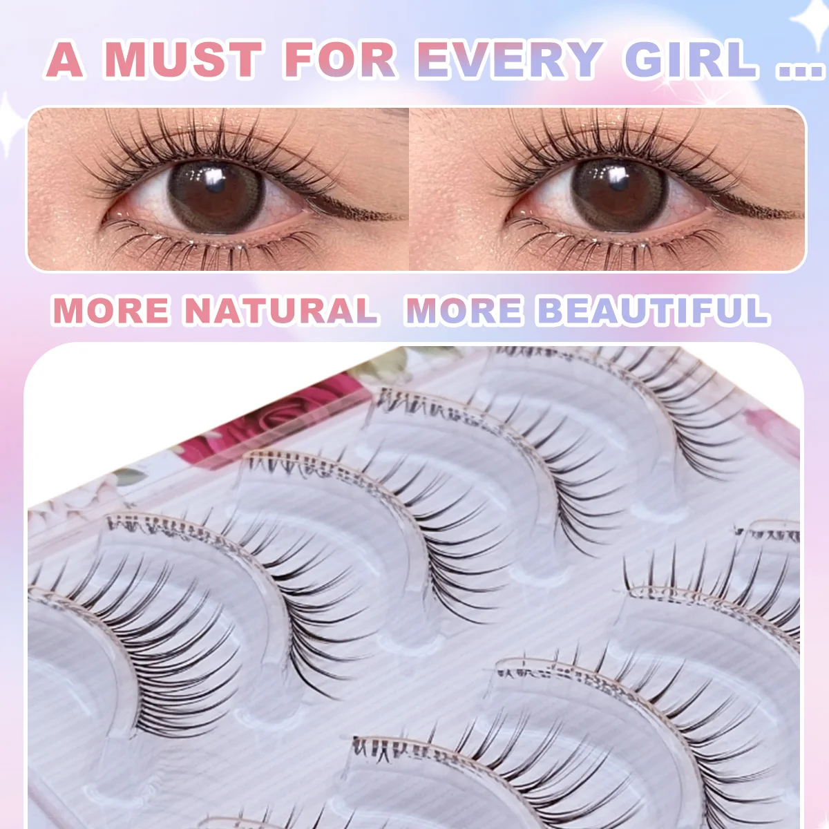 Attraktive 5-Paar falsche Wimpern: Schlanke natürliche Locken, Katzenaugen-Cartoon-Stil, transparentes Band, Vollstreifen-Wimpern, geeignet für den Alltag