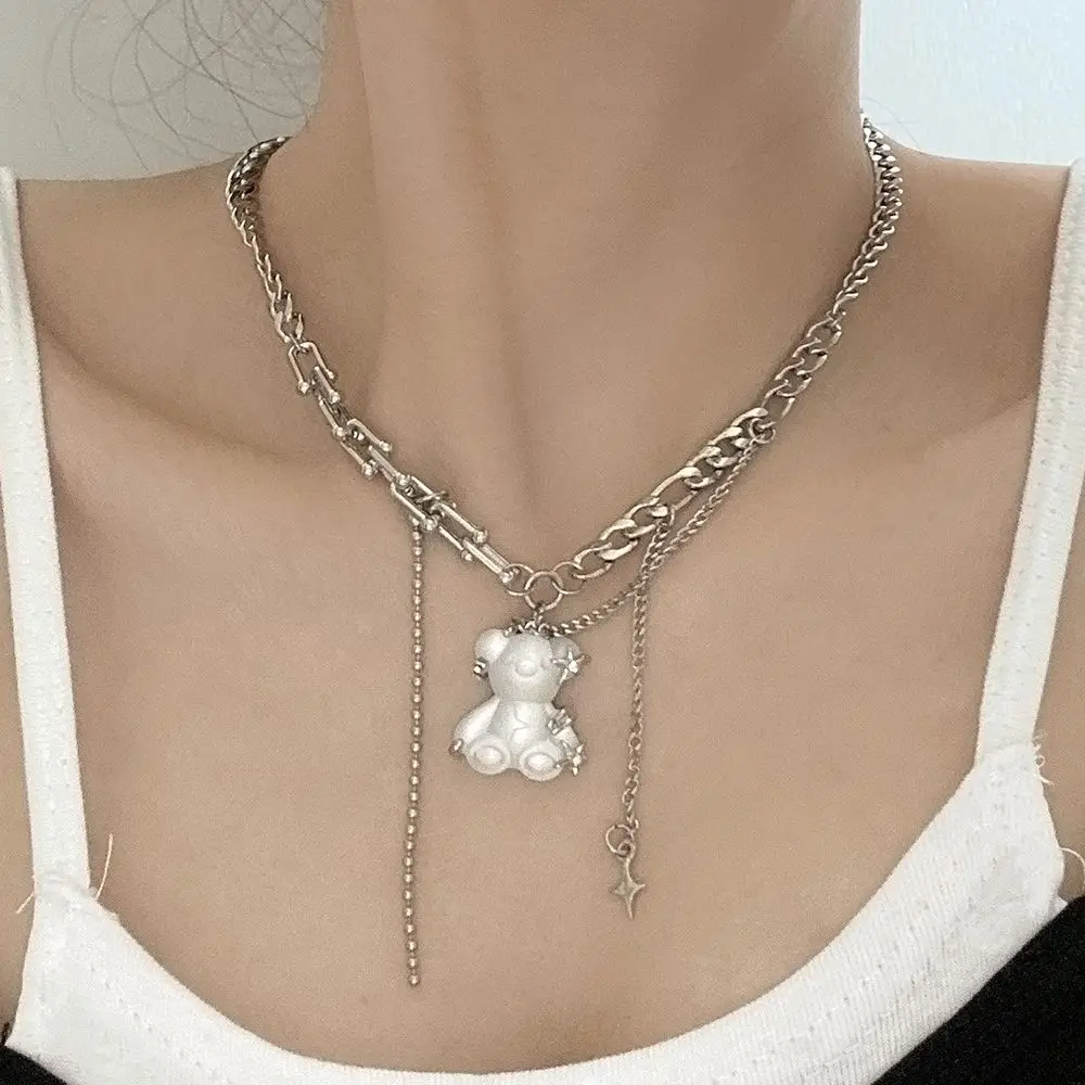 Trendy White Bear Pendant Korean Style Fashion Exquisite Multipurpose Stainless Steel Clavicle Chain for Woman Girl Jewelry