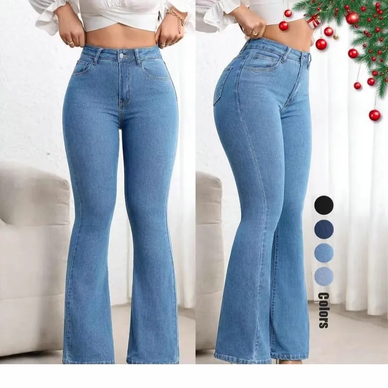 Calça Jeans Feminina de Cintura Alta Elástica, Modelagem Justa, Boca de Sino, Casual, com Efeito Levanta Bumbum, Micro Flare,...