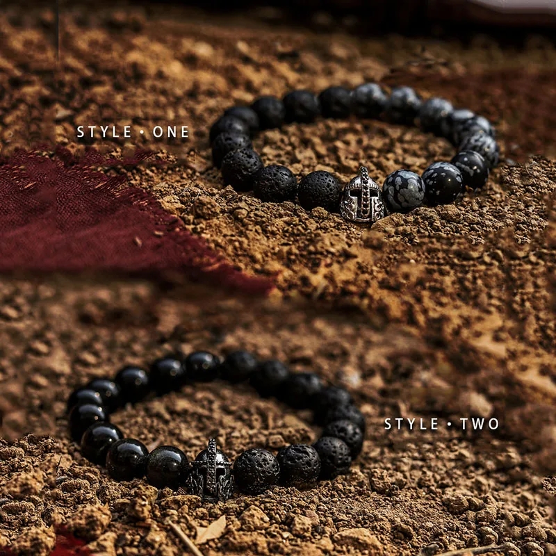 Black Natural Stone Beads Bracelet Homme Women Helmet Accessories Volcanic Map Stone Bead Elastic Jewelry for Man Meaning Strong