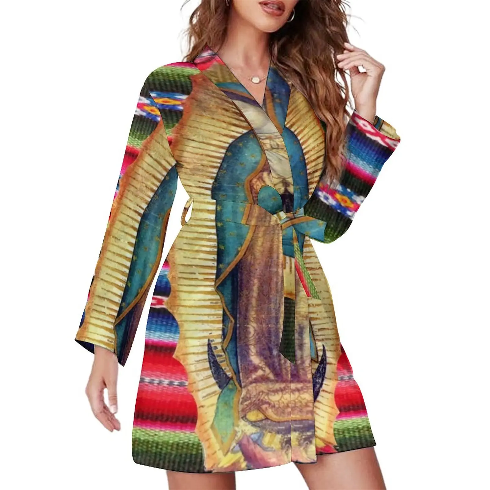 

Virgin Mary Catholic Pajama Robe V Neck Our Lady of Guadalupe Graphic Nightgown Kawaii Pajamas Robes Autumn Aesthetic Dresses