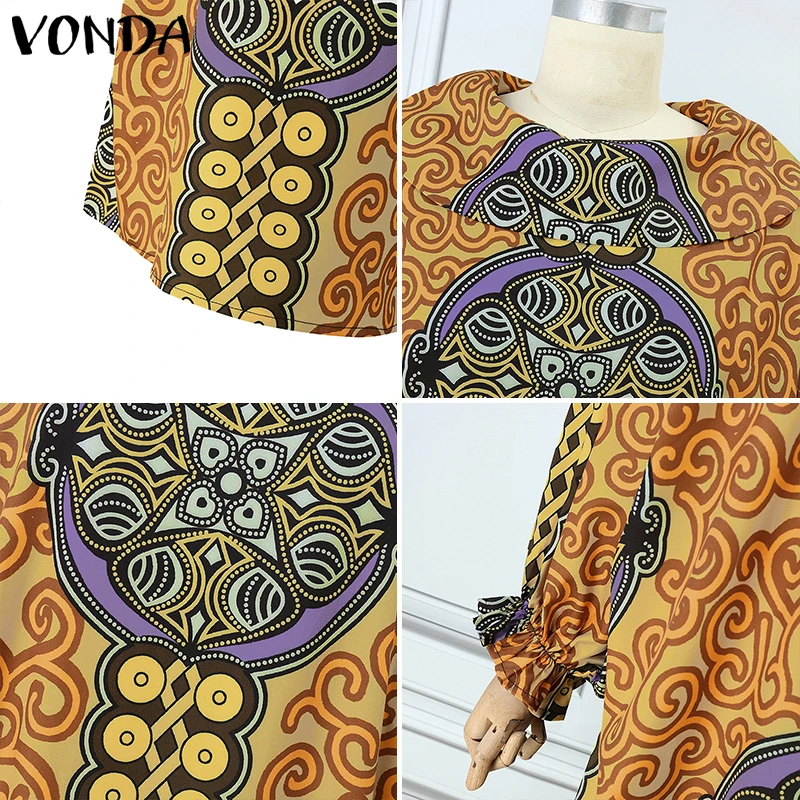VONDA Sukienka Maxi w Stylu Boho Plus Size Damska Drukowana Sukienka Letnia Vintage Długi Rękaw Latarnia Stójka Vestido Casual Robe 5XL