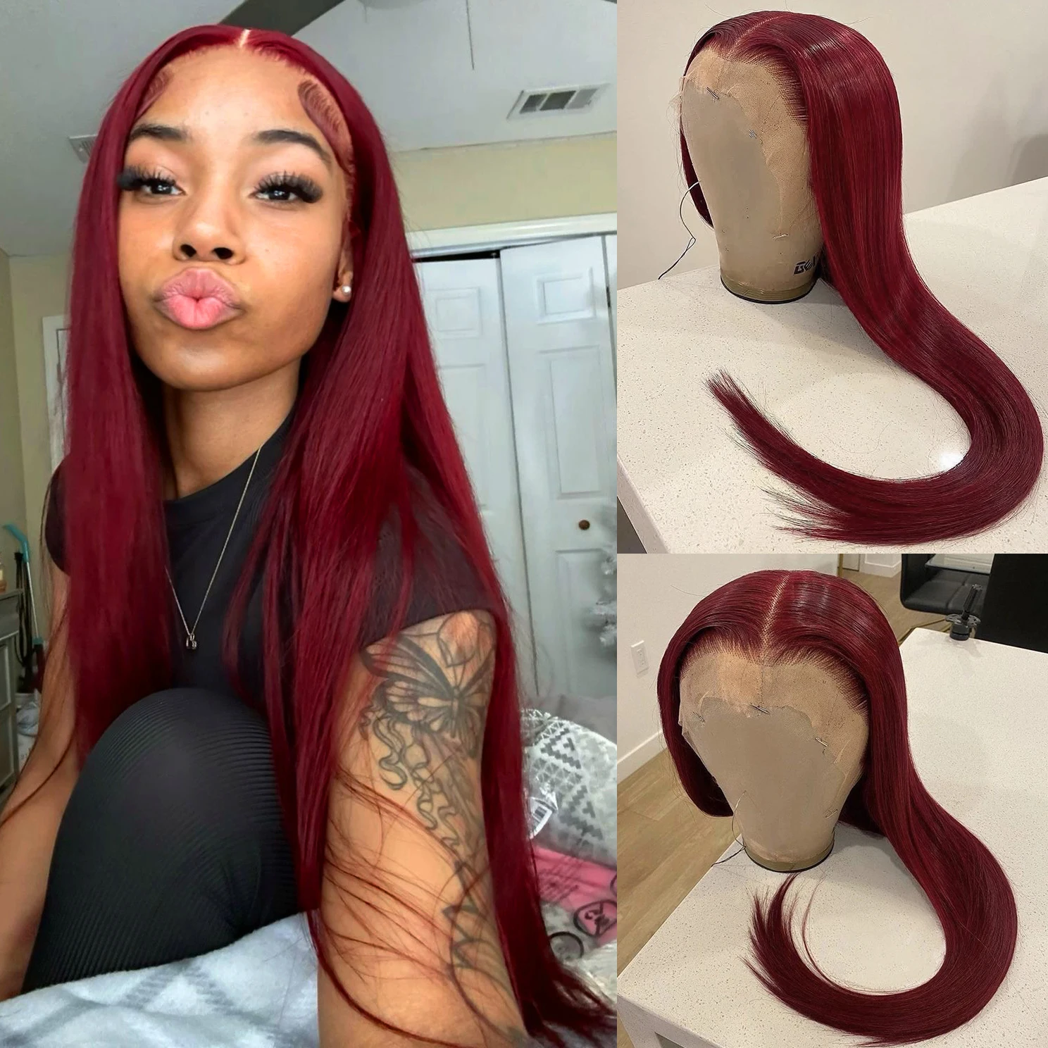 

Burgundy Wig for Women 13x4 Lace Front Wig Long Silky Straight Synthetic Hair Glueless Natural Hairline Daily Wear Cosplay Party