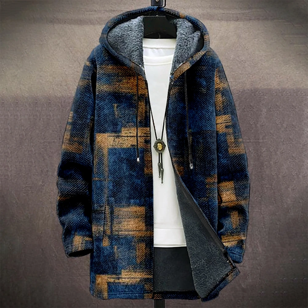 

Мужское клетчатое пальто с капюшоном на флисовой подкладке, сине-серая теплая зимняя куртка с геометрическим рисунком, городская уличная одежда, модная сезонная трендовая верхняя одежда