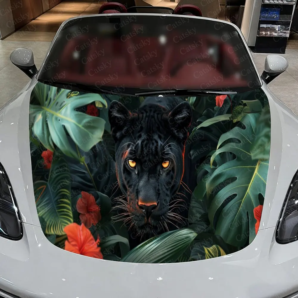Panther in Tropical Floral Jungle Car Hood Stickers - Self-Adhesive, Waterproof and Durable Vinyl Wrap, Decorate And Protect You