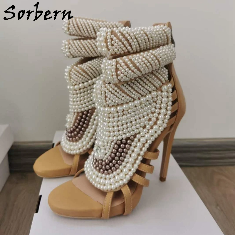 Sorbern Luxury Beaded Sandals High Heel Thin Platform Night Club Footwear Summer Shoe Stilettos Ankle Beading Strap Custom Color