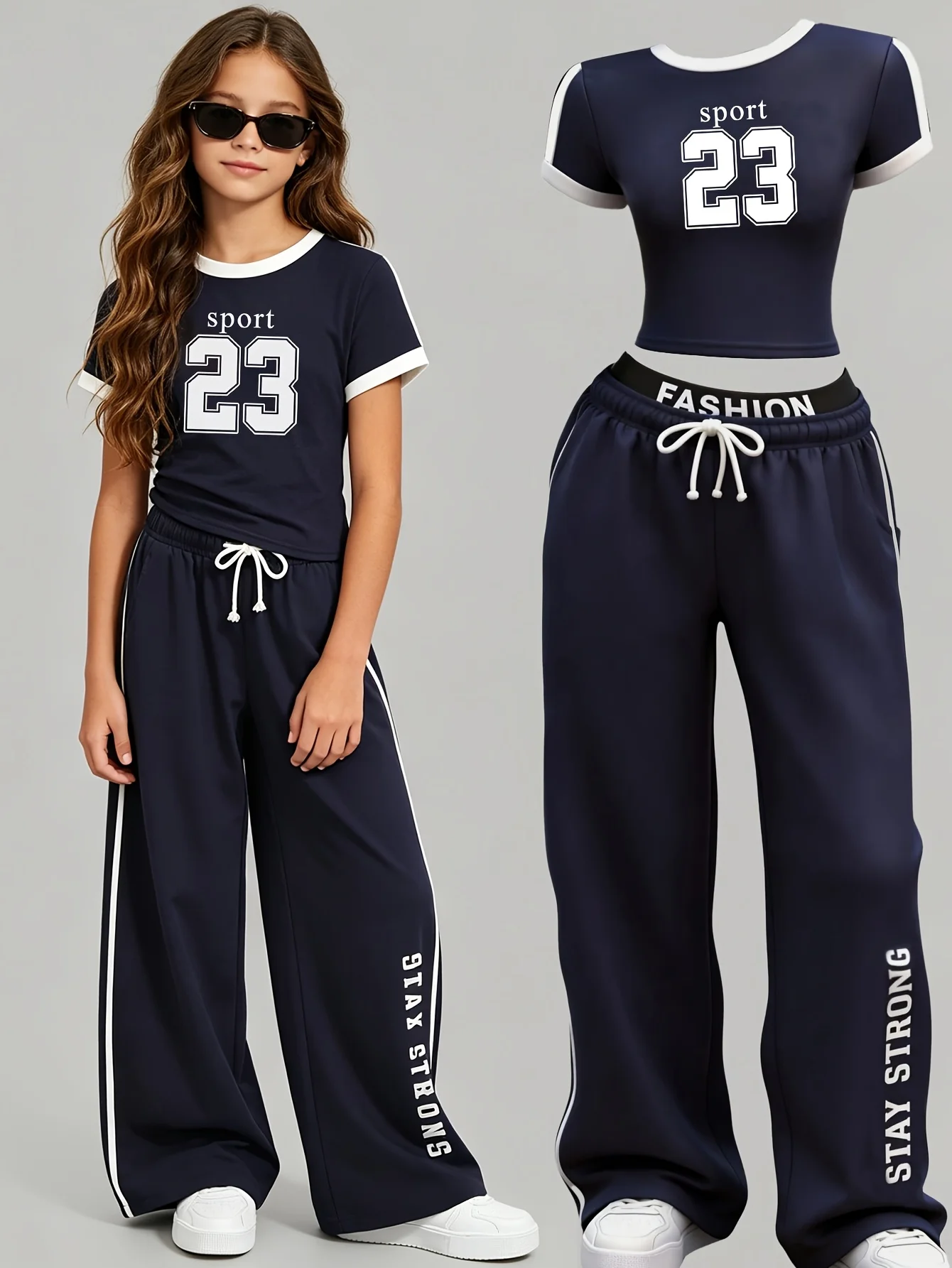 Girls' Summer and Autumn Casual Outfit: Navy Blue Contrast Short-Sleeve T-Shirt and Loose Wide-Leg Pants Two-Piece Set, Suitable for Children Over 3 Years Old, Versatile Clothing for Home, Leisure, and Outings