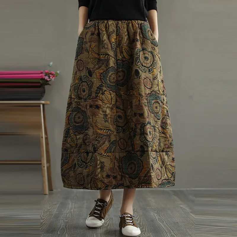 Thick Warm Casual Cotton Skirt Women New Arrival 2024  Autumn Vintage Style Floral Print Loose Female Quiltd Long Skirts M282