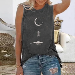 Seeyoushy New Funny Skeleton Travel Around Space Print Women T-shirts Round Neck Loose Summer Tee Shirt Sleeveless 90s Tops