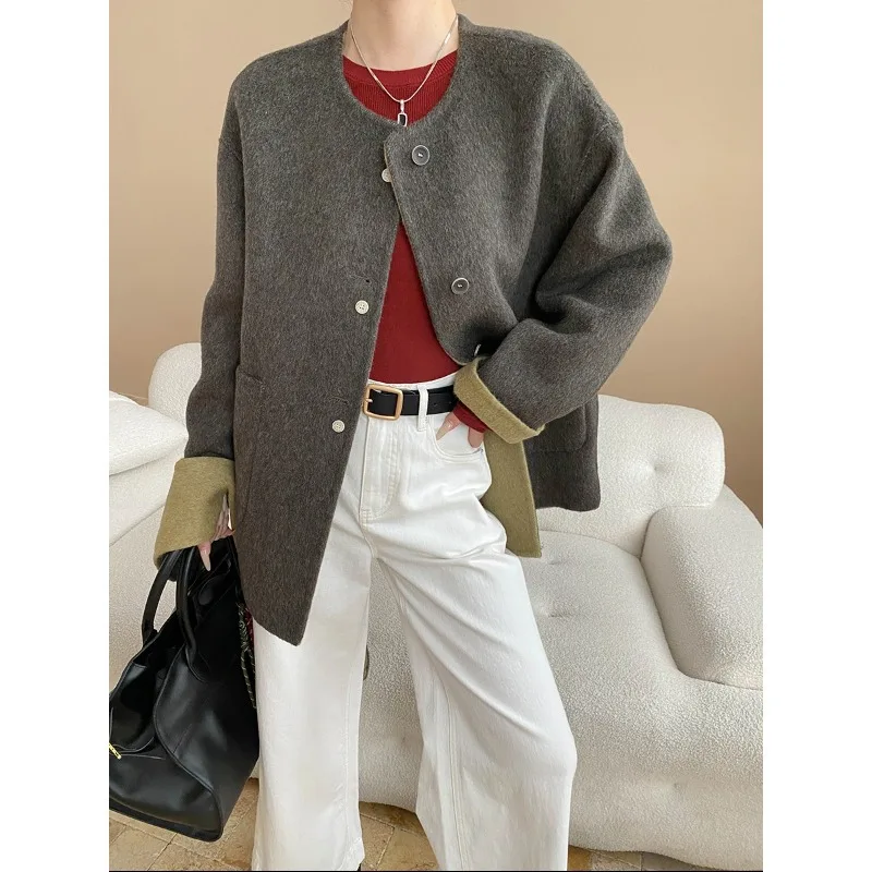 Classic Basic Scarf Wool Blended Double-faced Contrast Color Coat Women High Quality Fashion Warm French Army Green Lady Coat