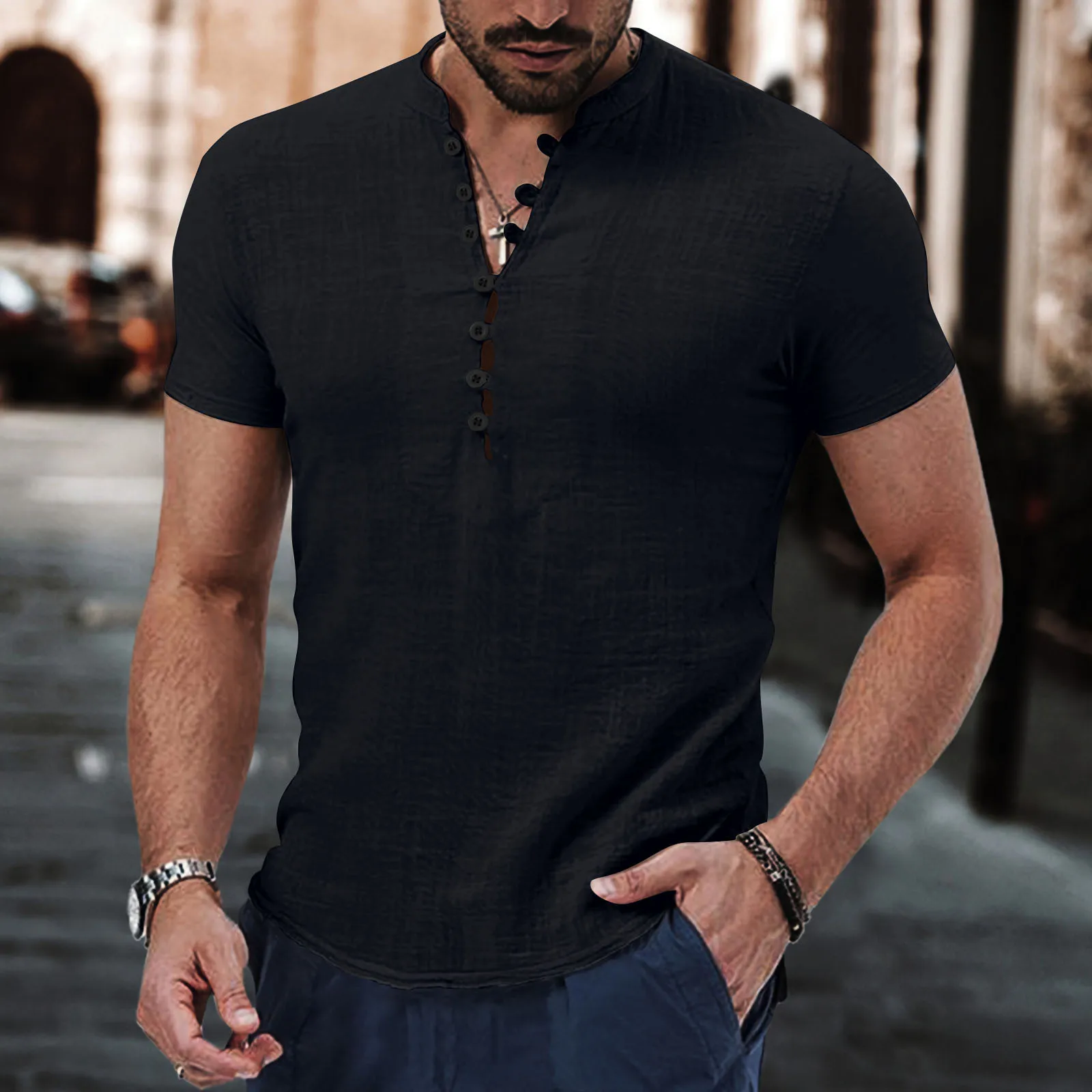 Camicia estiva a maniche corte da uomo Alla moda e confortevole Quotidiano Casa Viaggi all\'aperto Casual Top in cotone e lino traspirante