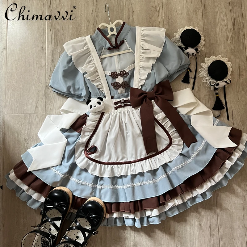 Oryginalna sukienka Lolita Maid Summer New Chinese Style Women Cute Girls Short Sleeve Bucket Op Dress with Apron Leg Warmer Outfits