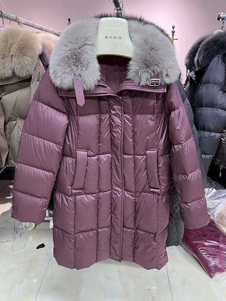 2025年女性用冬用暖かいパファージャケット、本物のフォックスファー襟付き、天然グースダウンジャケット、厚手コート、女性用アウターウェア