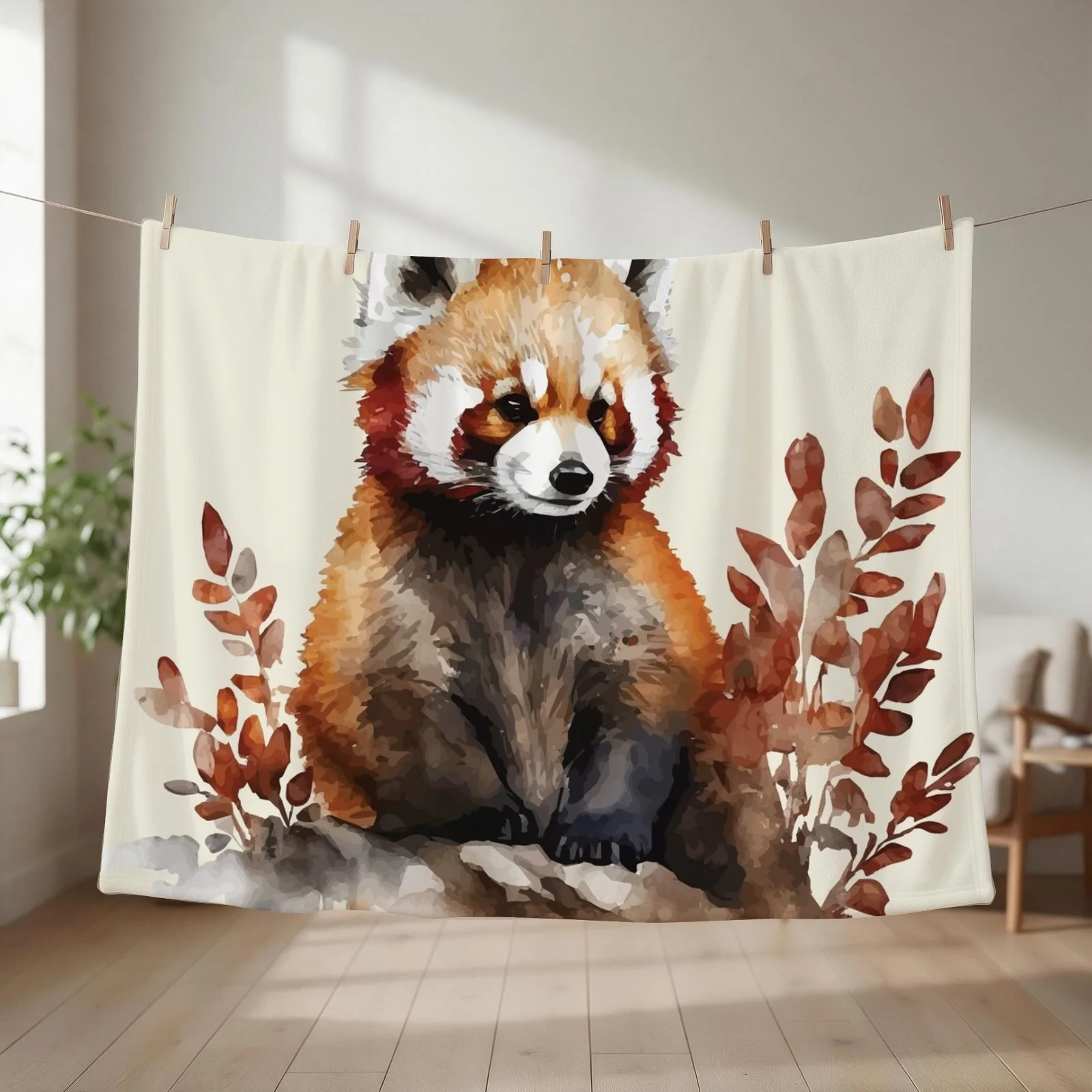 A Cute Red Panda in an Earthy Watercolor - Boho Spirit Animals Throw Blanket couch cozy soft plush fuzzy picnic outdoor blanket