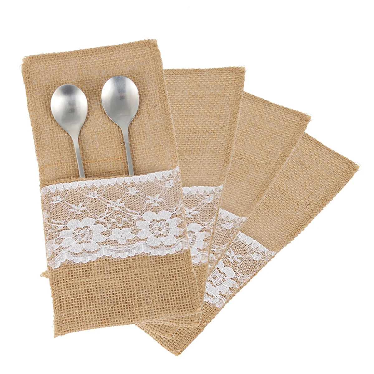 Natural Burlap Tableware Utensil Holders Lace Silverware Holder Bag Linen Knife Forks Cutlery Pouch Bag for Wedding Table Decor