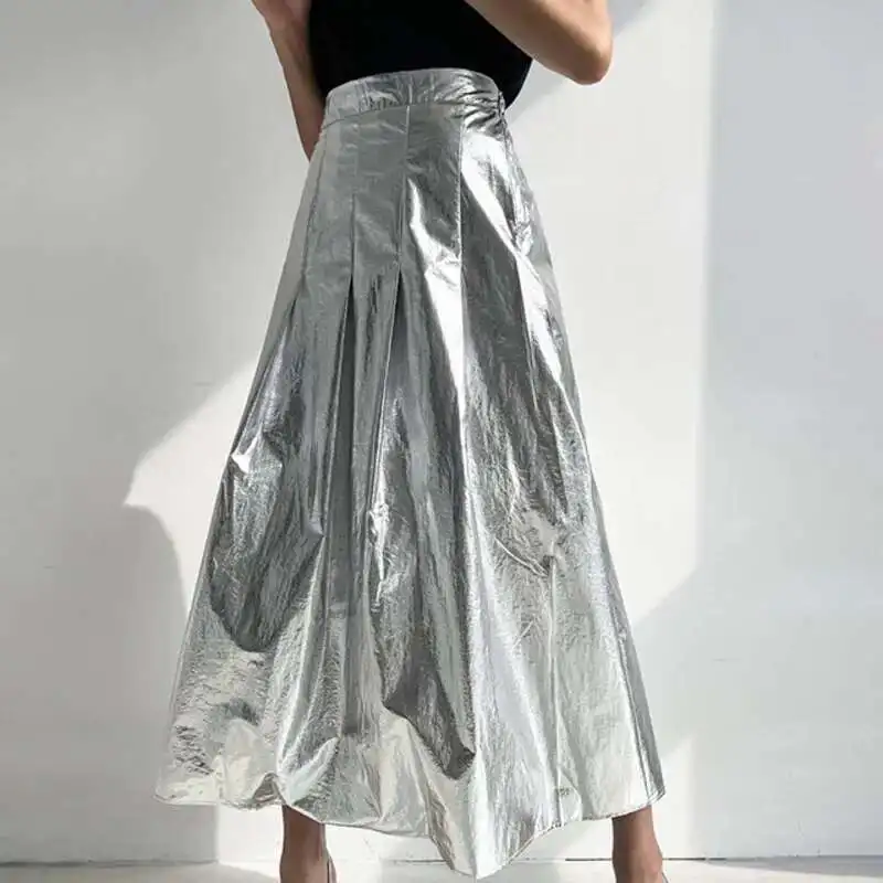 

Smooth Shiny Pleated Design Women's Half Long Skirt Slimming Fit High Street Style A-line Skirt Spring Tide
