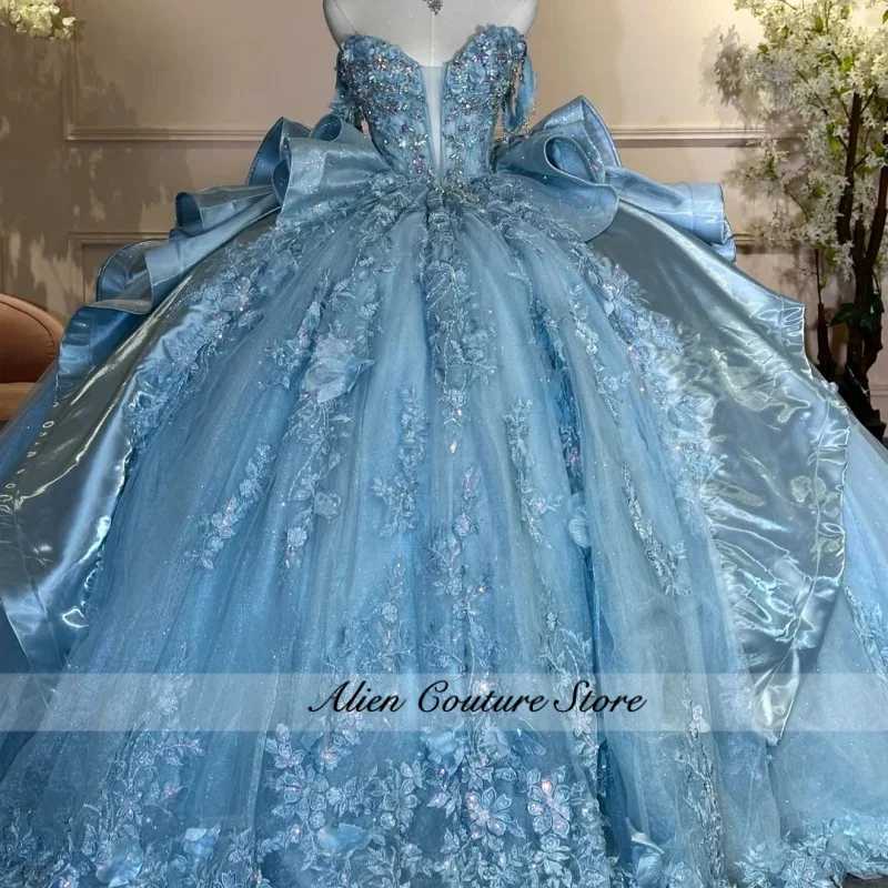 Luxury Blue Quinceanera Dress 3D Flower Gem Decal Long Tail off-shoulder Tull Layering Bow Vestidos De 15 Quinceanera ﻿Customize