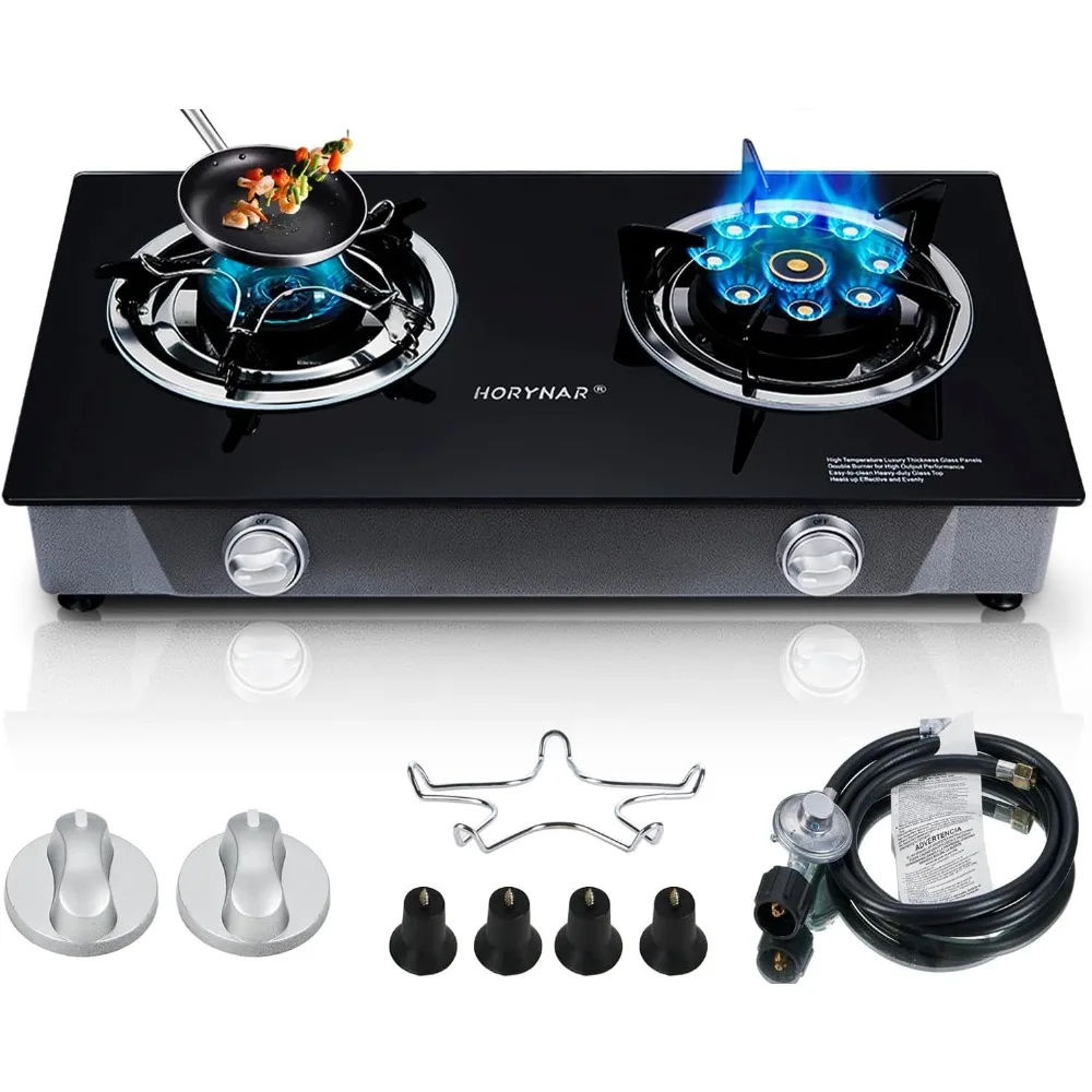 Propane Stove 2 Burner Gas Stove Novel 9 Copper Burners Auto Ignition Tempered Glass Propane Burner with LPG CSA Hose