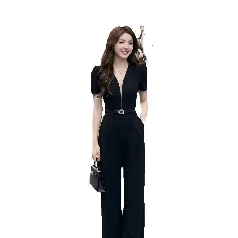 

Lazy Style Slimming Short Sleeved Jumpsuit For Women 2026 Summer New Fashion French V-neck Versatile trend Long Women's Rompers